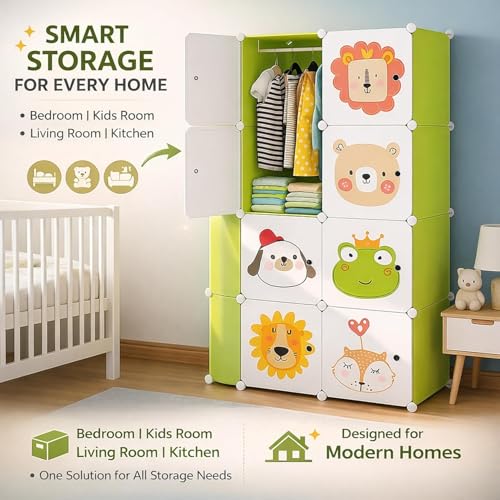 Image of 8 Door Kids Cartoon Wardrobe Storage Cabinet - DIY Modular Clothes Organizer with Hanging Cartoon Design Wardrobe with Multi for Bedroom, Living Room,Entryway (Green, 8-Door)