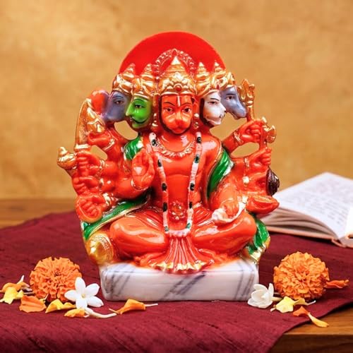 Image of Resin Hanuman Ji Murti Panchmukhi Hanuman For Door Entrance Temple Home & Office Decor Living Room Decoration Gift For New House Warming Ceramony Balaji Idol Evil Eye 6.3 cm Orange