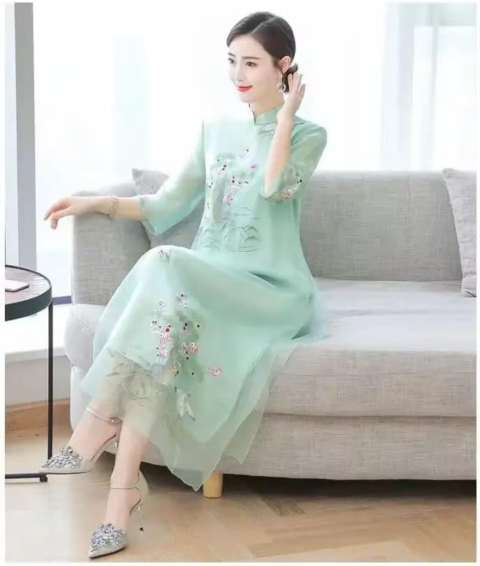 中国チャイナドレス夏刺繍ロングドレス国家スタンドカラー半袖女性ルーズ袍