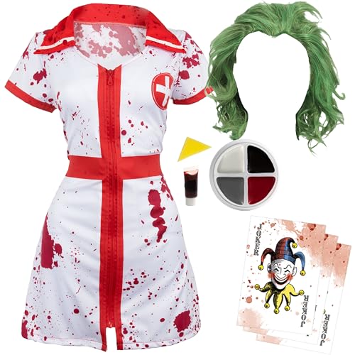 Conjunto de disfraz de enfermera de Joker sangriento, vestido salpicado, peluca verde, pintura facial, sangre falsa y tarjetas de Joker, disfraz de villano para adultos