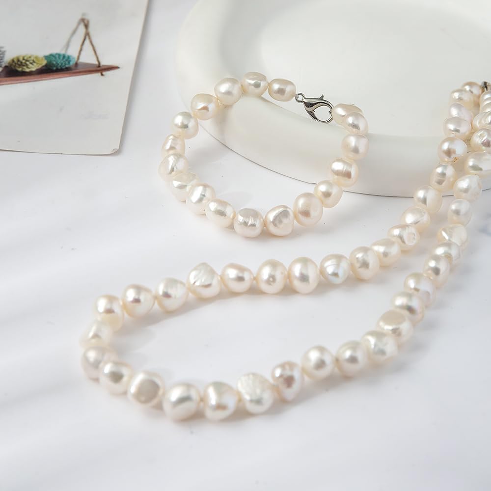 TreasureBay - Parure di gioielli da donna con collana, bracciale e orecchini, composti da perle barocche naturali da 11-12 mm, grado AA