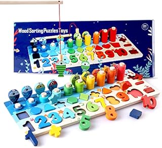 Bee bee Run Wooden Number Puzzles Toys for Kids Shape Sorter Puzzle Board Math Counting Stacking Rings with Magnetic Fish Education Toys Gifts for Toddlers Boys Girls Age 3+