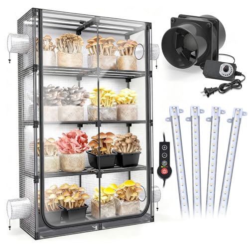 Mushroom Grow Tent Kit with Grow Light and Duct Fan, IP65 Waterproof 6500K LED Light with Timer & Dimmer, Mini Greenhouse Indoor, Martha Tent with 4' Vents,Mushroom Fruiting Chamber Growing kit