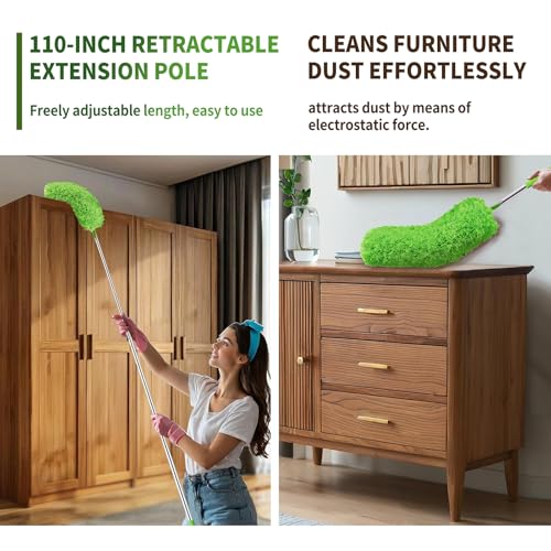 Cobweb Duster with Extension Pole,Washable Cleaning Duster Set with 2 Duster Heads,Corner Brush,15-110-Inch Telescoping Pole for high Ceiling Fans, Long Duster for High Ceilings,Spider Web Brush - Image 5