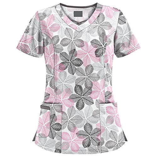 Working Uniform Shirt Women V Neck Printed Short Sleeve Plus Size Zip Neck Nurse Uniforms Stretchy Soft Scrub_Tops