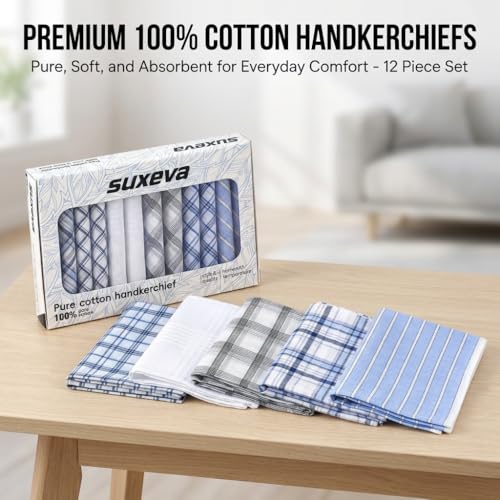 Image of Men's 12pcs 100% Cotton Checkered Handkerchiefs Gift Box, 15.75 Inch Soft Breathable Absorbent Large Pocket Squares