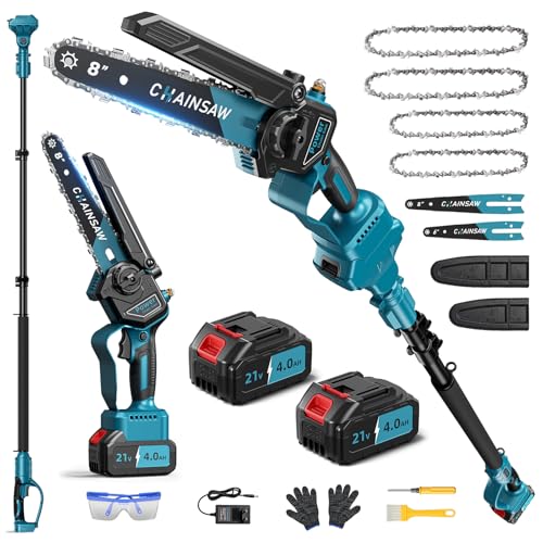 2-en-1 Podadora de Altura, 6 y 8 Pulgadas Motosierra Bateria con Pertiga, 1000W Sin Escobillas Motosierra Telescopica Bateria 8000mAh, Extensible Hasta 4,7m, Para Podar Arboles de Jardinería