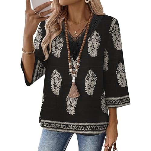 LOMON Women's 3/4 Length Sleeve Boho Tops V Neck Lace Summer Outfits Dressy Casual Flowy Shirts Vacation Clothes Blouses