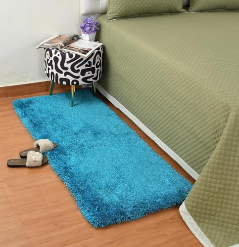 Image of AROMICK Modern Polyester Anti Slip Shaggy Fluffy Rug and Carpet for Living Room, Bedroom & Dining Room (2 x 3 Feet, Turquoise)