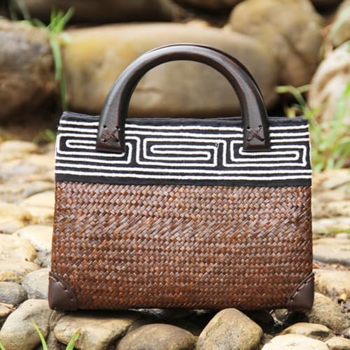 Bolsa de playa de paja para mujer con asa redonda de madera miniatura 2