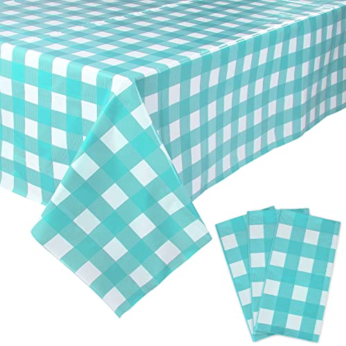 Image of Kesfey 3 Packs Aqua and White Gingham Table Cloths 54 x 108 Inches Disposable Plastic Checkered Tablecovers Waterproof Rectangle Picnic Party Table Covers for Birthday Party Supplies Christmas
