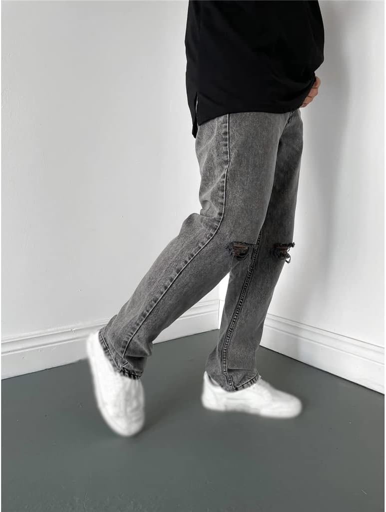 Men's Cover Ripped Jeans Denim Loose Knee Hole Cut Casual Straight Trousers