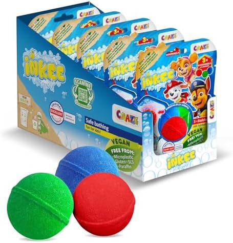 INKEE Paw Patrol Badebomben Kinder Verkaufsdipaly - 15x Badekugeln in 3 Farben mit Jojobaöl & Kirschlolli Aroma - 3x50g
