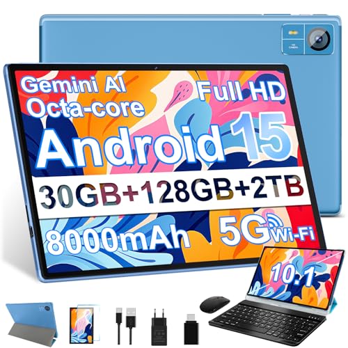 SUAAT 2026 Neuestes Android 15 Tablet Gemini AI30 GB RAM + 128 GB ROM+2TB 10.1 Zoll Widevine L1 Octa Core 8000 mAh Bluetooth 5.0 GPS GMS Tablets mit Maus Tastatur und Schutzhülle-Blau