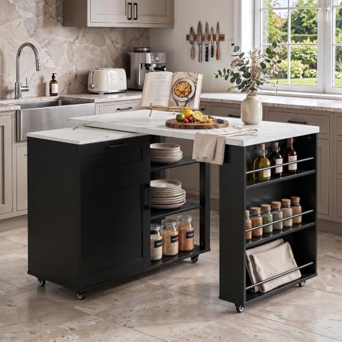 AIEGLE Rolling Kitchen Island with Swivel Table and Side Storage, Black | White top, 61-in expanded layout, adjustable shelf, locking casters, kitchen prep and craft use