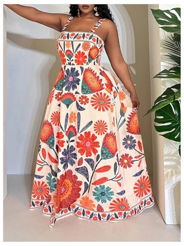 Image of BEAUDRM Women's Plus Size Floral Maxi Dress Sleeveless High Waisted Summer Flowy Cami Dresses