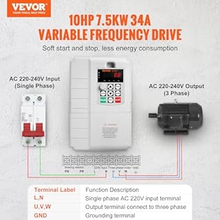 VEVOR Variateur de Fréquence 7,5 kW Convertisseur de Fréquence 10 CV 34 A 0-400 Hz VFD avec Entrée Monophasé, Sortie Triphasé, Contrôle de Vitesse, Refroidissement Rapide, pour Moteurs de Machine