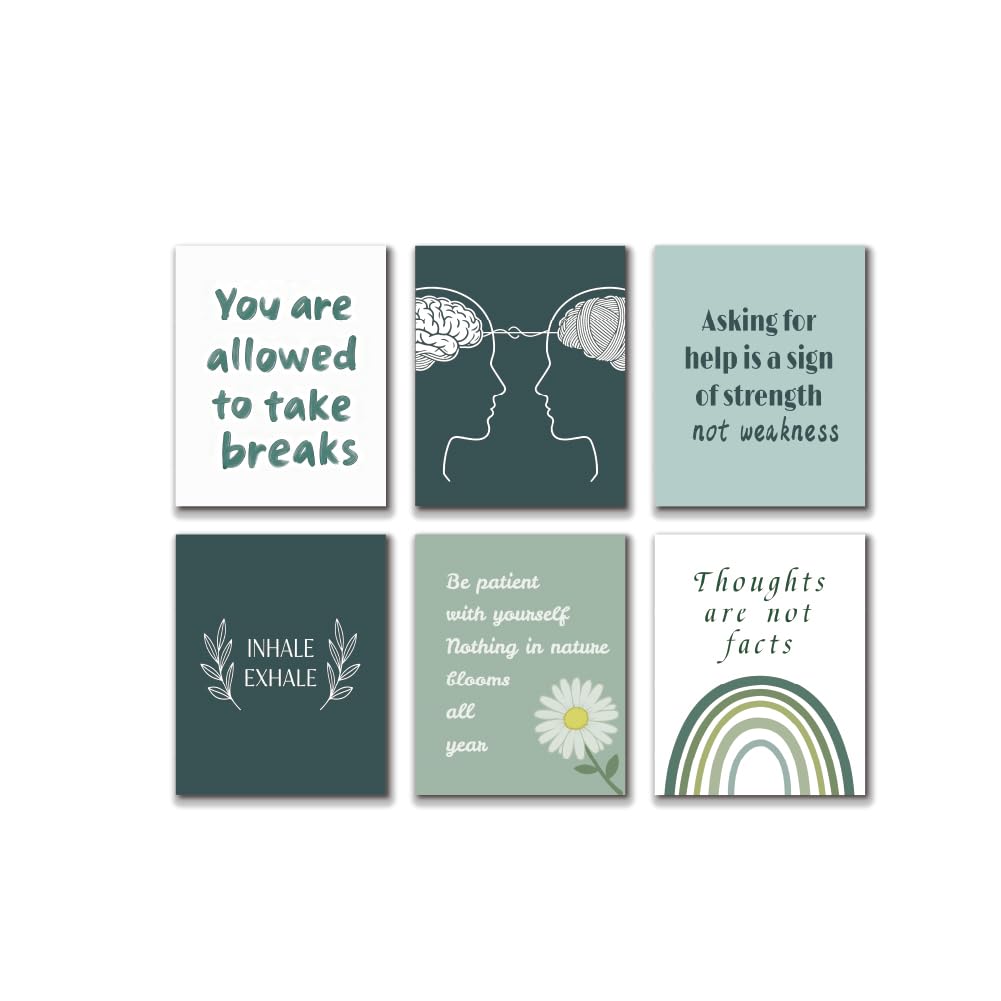 CRAFTYMELODY Green Mental Health Wall Art Prints Set of 6 Poster Wall Decor Therapy Inspirational Quote Artworks for Living Room Bedroom Classroom Office Decoration 8x10 Inch Unframed