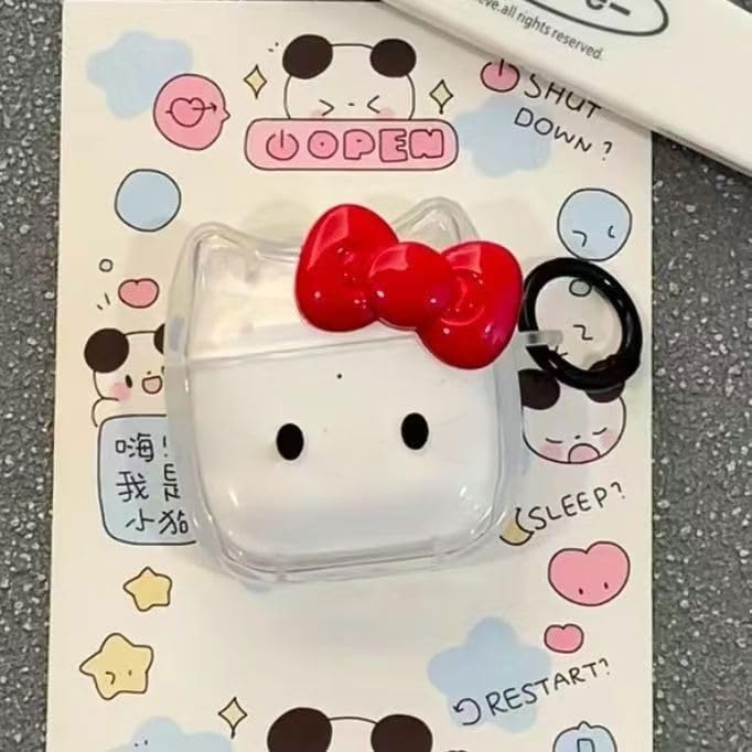 Image of Transparent Clear Earphone Case for AirPods Pro, Cute Lovely Cat Face Soft TPU Silicone Case, Kitty AirPods Pro 2 Cover Protective Skin Shockproof Protector for iPod Earbuds -Red Bowknot Cat