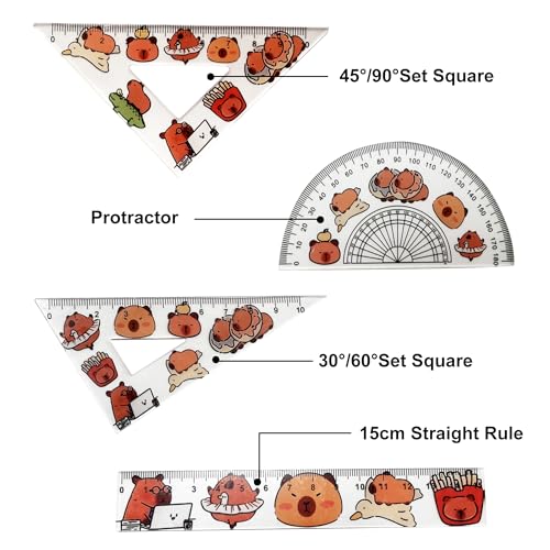 Capybara Lineal Set 4 Stück – Geometrie Set mit Gerade Dreieckig Winkelmesser Geometriewerkzeug Mathematik, Robustes Zeichenset für Schule Büro Kinder, Süßes Cartoon-Motiv, Praktisch und Langlebig