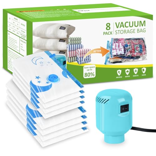 SZO Bolsas de vacío para ropa Edredones con bomba eléctrica 8 piezas (4 jumbo, 4 grandes) Viaje Desinflado Rápido Ahorro de espacio para ropa Edredones Ropa de cama Almohadas