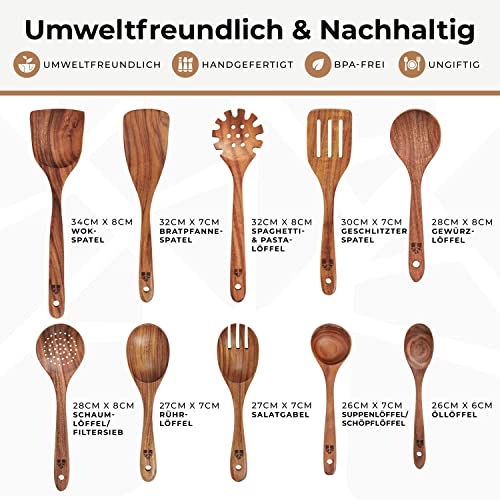 Woodenhouse-Kochloeffel-Holz-10-Stueck-Kochloeffel-Set-Holzloeffel-aus-Teakholz-fuer-das-Kochen-Holzkochloeffel-Pfannenwender-holz-Suppenkelle-10-Stueck-Perfekt-fuer-Antihaft-Natuerlich-und-Robust : Aus-Holz-gemacht....