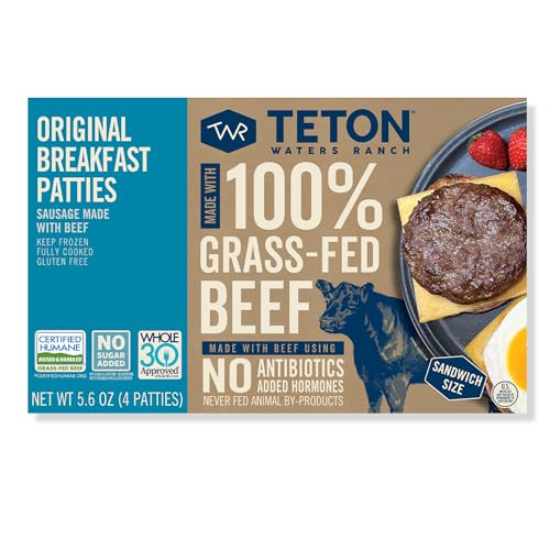 Teton Waters Ranch Breakfast Sausage Patties, 100% Grass-Fed Beef, Fully Cooked, Frozen Beef Breakfast Patties, No Sugar, No Nitrates or Nitrates Added, Gluten Free - 5.6oz