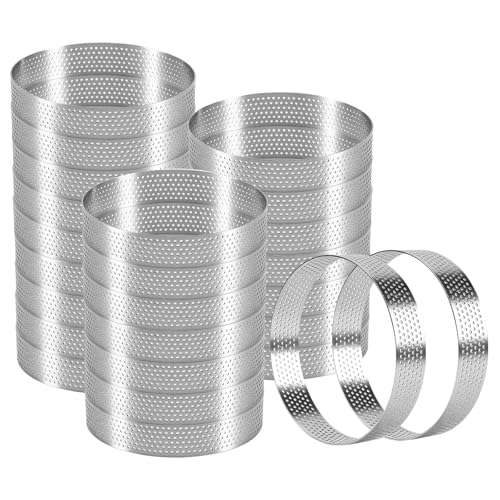 HEIHAK 24 Pack 4 Inch Perforated Tart Rings Round Stainless Steel Tart Rings for Baking, Metal Pastry Mold for French Dessert, Cookie Ring Molds for Small Fruit Tart Shells Pastry Making