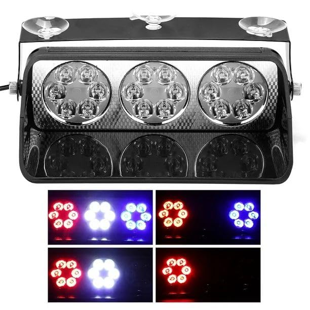 Image of AutoBizarre 12V Car Dash Emergency Warning Strobe Red Blue Flasher Windshield Sucker LED light With Multiple Flashing Modes For All Cars, Emergency Vehicles, etc. (18 LED Red Blue White)