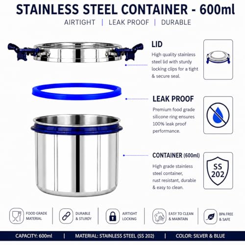 Image of Stainless Steel Lunch Box with Airtight Leakproof Lid,Easy to Clean Tiffin Box for Office,School & Kids,Navy Blue,Set of 1 (600ML) Tall
