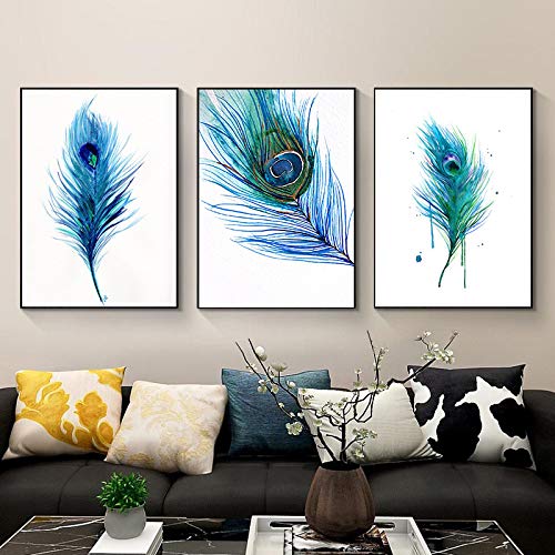 Tableau plume moderne triptyque abstrait 60x90cm sans cadre pour salon - 2