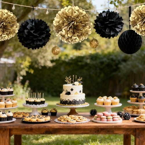 Image of Black Gold Paper Pom Poms for Wedding Birthday Black Gold Party Decoration - Ceiling Wall Hanging Tissue Flowers - 12pcs 2 Colors of 12 Inch 10 Inch