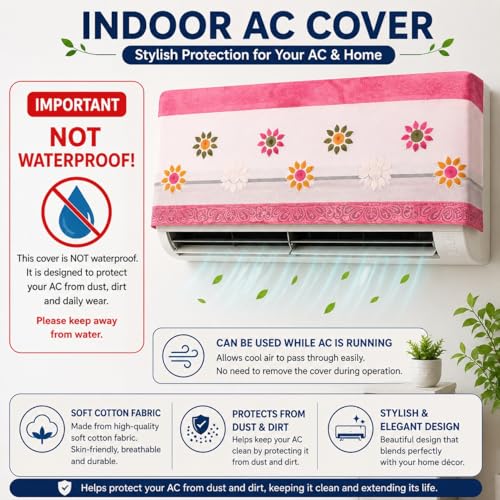 Image of Cotton Net Split AC Cover Indoor Unit for 1.5 Ton Capacity AC, Premium Work Indoor AC Dust Protection Cover Designer Summer Ac Cover for 1.5 Ton Ac (38 X 15.35 X 7.8 inch, Pink Flower)