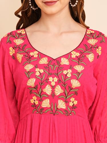 Image of RATAN Women's Floral Embroidered Puff Sleeve Chiffon Flared Tiered Kurta Gown Maxi Dress
