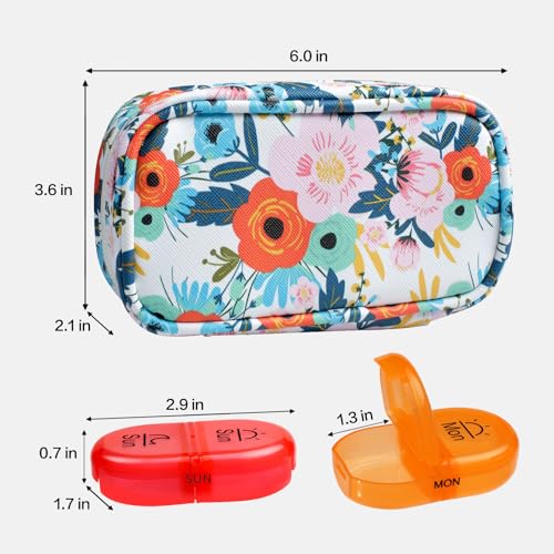 Image of Serfeymi Weekly Travel Pill Organizer 2 Times A Day AM PM Upgraded Rainbow Pill Box 7 Day with Portable Zipper PU Leather Pill Case, Medicine Organizer for Pills, Vitamins, Fish Oils - Floral 03