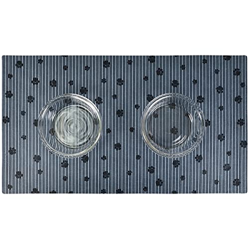 Drymate Pet Bowl Placemat, Dog & Cat Food Feeding Mat - Absorbent Fabric, Waterproof Backing, Slip-Resistant - Machine Washable/Durable (Usa Made) (16” X 28”) (Grey Stripe Black Paw) #TOP1