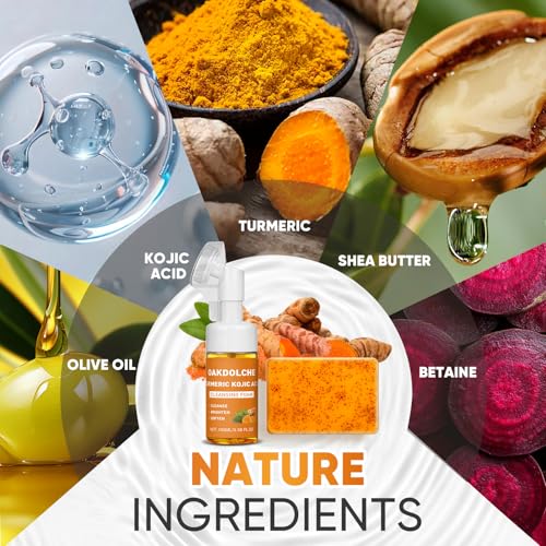 Image of 3Pcs Turmeric Wash Set-Turmeric Face Wash with Brush, 3 Turmeric Kojic Acid Soap Bars(60g), 3 Foaming Nets, Deep Cleansing for Face & Body Cleanser