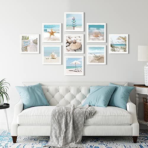 Beach Picture Framed Wall Art - 9 Piece Coastal Nature Seashell Seascape Prints Nautical Ocean Landscape White Frames Artwork Seaside Modern Sea Scenery Photography For Bathroom Office Gallery #TOP3