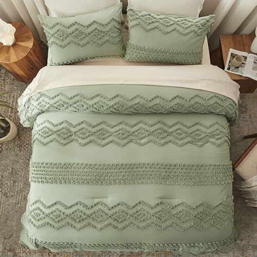 Image of Luxudecor Sage Green Tufted Comforter Set King Size 3 Pieces Boho Shabby Chic Comforter Farmhouse Embroidery Bedding Set Soft Comforter for All Seasons (Sage Green, 104''x90'')