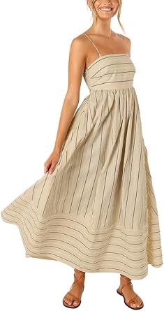 Womens Sexy Spaghetti Strap Striped Maxi Dress Cutout Smocked Back Flowy Swing Beach Sundress