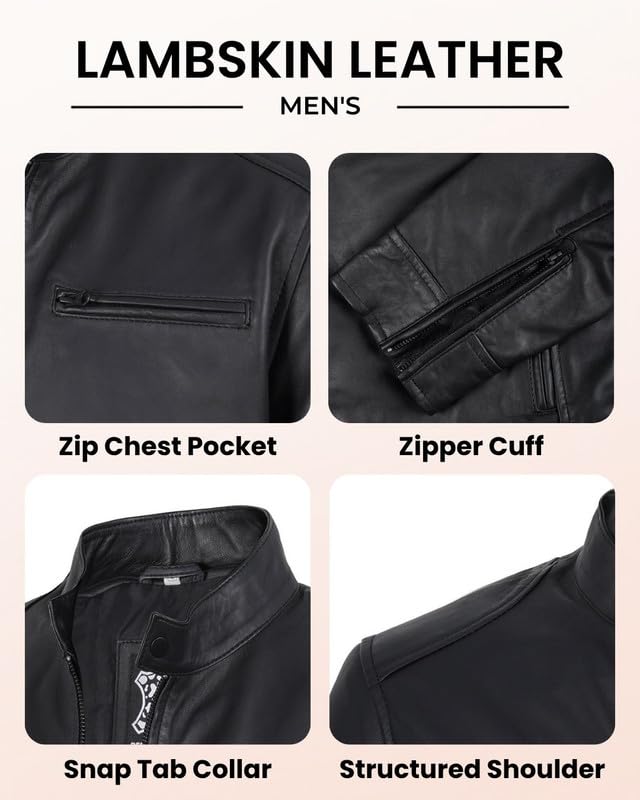 Image of Blingsoul Leather Jacket Men - Real Lambskin Cafe Racer Motorcycle Style Jacket for Mens