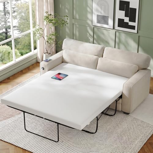 Marsail Pull Out Sofa Bed, Full Size Sleeper Sofa with Memory Foam Mattress, 2 USB Charging and Removable Covers, Loveseat for Living Room, Apartment, Supports 600 LBS, Chenille Fabric, White