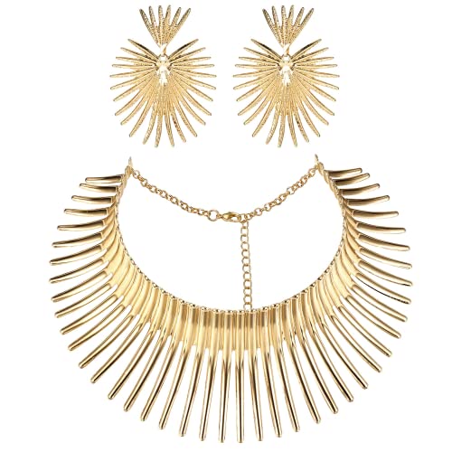 Diamday Afrikanischer Schmuck Set für Frauen Gold Afrikanische Canine Zahnform Halskette Statement Ohrringe Kleopatra Kostüme Schmuck Zubehör für Thema Party Halloween Cover
