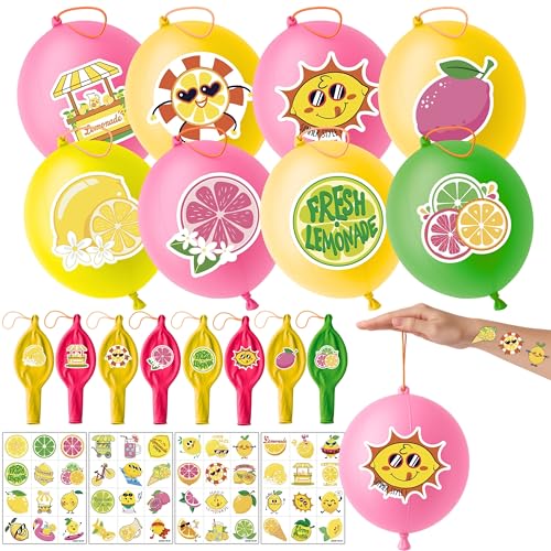 72 PCS Lemon Party Favors for Kids - 24 Punch Balloons & 48 Pre-Cut Temporary Tattoos, Lemonade Birthday Goodie Bag Fillers, Classroom Rewards for Boys Girls