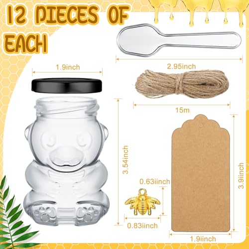 Honeydak 12 Pieces 4 oz Bear Shaped Glass Honey Jars Lids Extra Gold Bee Pendants Clear Plastic Spoon Kraft Paper Tags Twine for Baby Shower Wedding Party Favors(Black)