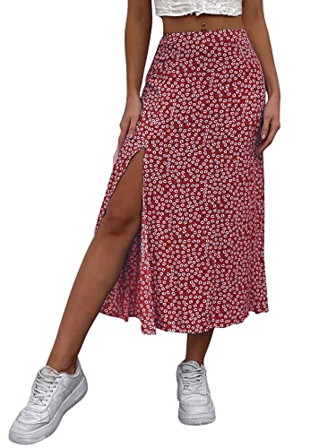 GORGLITTER Damen Sommer Lang Rock Mit Blümchen Und Schlitz - A-Linien Blumenrock Geblümt Mit Hoher Taille, Rot L