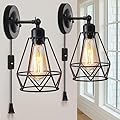 YXTH Plug in Wall Sconce, Industrial Sconces Wall Lighting, Vintage Wall Lamp with Plug in Cord, Rustic Black Wall Sconce Fixture, On/Off Switch Wall Light Fixture for Kitchen Bedroom Porch 2 Pack