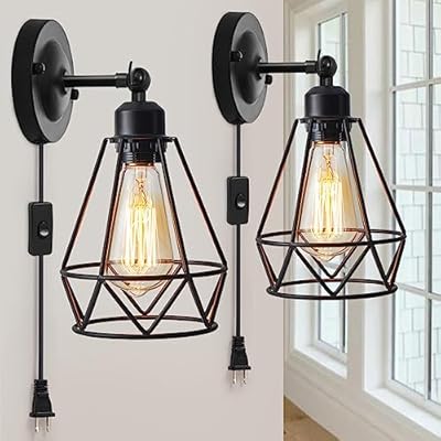 YXTH Plug in Wall Sconce, Industrial Sconces Wall Lighting, Vintage Wall Lamp with Plug in Cord, Rustic Black Wall Sconce Fixture, On/Off Switch Wall Light Fixture for Kitchen Bedroom Porch 2 Pack