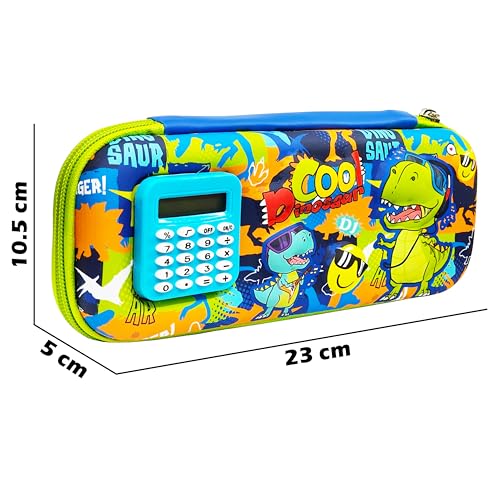 Image of VGRASSP Stationery Pencil Pouch for Kids with Mini Calculator - Dinosaur Theme Zipper Case with Multi Storage Compartments - School Supplies Organizer - Multicolor