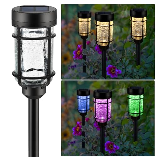 SUNNYPARK Paquete de 8 luces solares para camino, cambio de color + LED blanco cálido, luces solares impermeables de cristal agrietado para jardín, pasarela, patio, césped, decoración de paisaje